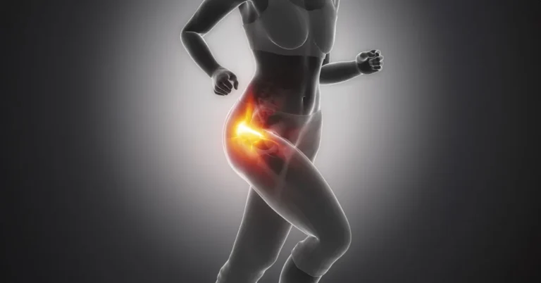 Frau mit seitlichen Hüftschmerzen beim Laufen – hervorgehobene Schmerzregion an der äußeren Hüfte