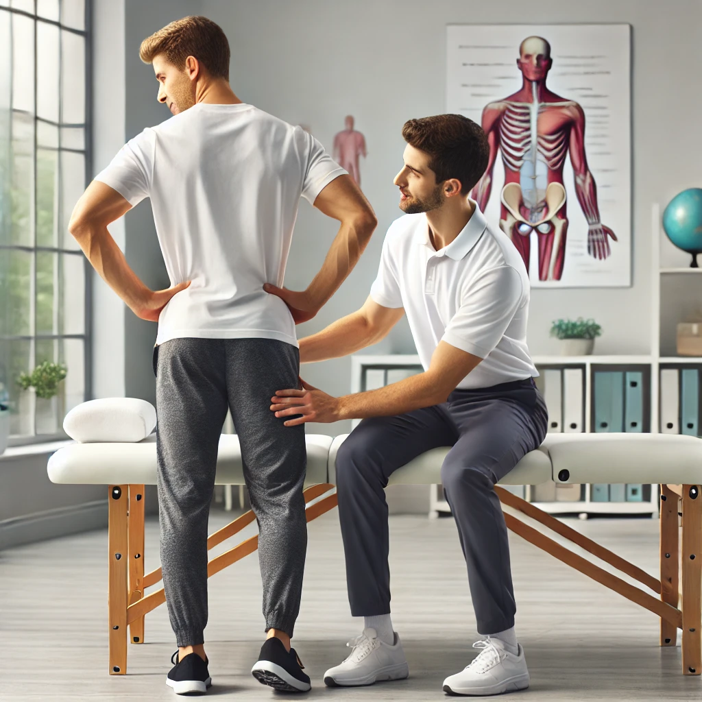 Es zeigt eine realistische Szene in einer modernen Physiotherapiepraxis mit einem Therapeuten, der einem Patienten bei Hüftschmerzen hilft. Physiotherapie bei Hüftschmerzen