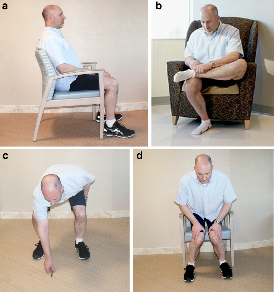 Das Bild zeigt vier verschiedene Sitz- und Bewegungspositionen einer Person nach einer Hüft-Totalendoprothese (Hüft-TEP), die sichere und unsichere Haltungen illustrieren:
Bild (a): Die Person sitzt auf einem Stuhl mit geradem Rücken und den Füßen flach auf dem Boden. Dies ist eine empfohlene Haltung nach einer Hüft-TEP, da sie eine stabile Sitzposition ermöglicht.
Bild (b): Die Person sitzt in einem Sessel und legt den Knöchel über das Knie, um eine Socke anzuziehen. Diese Bewegung wird als sicher angesehen, da sie die Hüfte nicht in eine ungünstige Position bringt.
Bild (c): Die Person beugt sich nach vorne, um einen Gegenstand vom Boden aufzuheben. Dabei bleiben die Knie schulterbreit auseinander, und der Oberkörper bewegt sich zwischen den Beinen. Dies ist eine sichere Methode, um sich nach vorne zu beugen.
Bild (d): Die Person versucht, aus einer sitzenden Position mit zusammengeführten Knien und den Händen auf den Oberschenkeln aufzustehen. Diese Haltung sollte vermieden werden, da sie das Risiko einer Luxation der Hüfte erhöhen kann.
Die Bilder verdeutlichen, welche Bewegungen nach einer Hüft-TEP sicher sind und welche besser vermieden werden sollten, um das Gelenk nicht unnötig zu belasten.