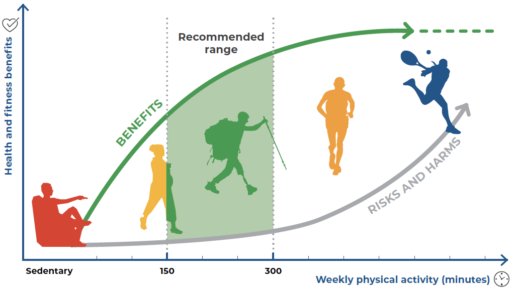 Grafik zeigt den Zusammenhang zwischen Trainingsumfang pro Woche und gesundheitlichem Nutzen beim Training mit Hüftschmerzen – inklusive empfohlener Bewegungszeit.