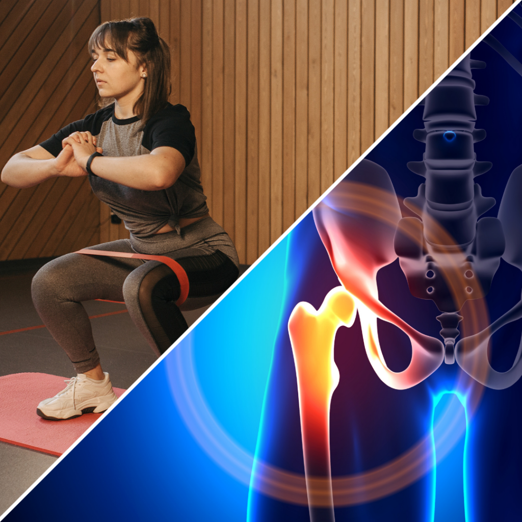 Frau trainiert mit Miniband in Kniebeuge, kombiniert mit Grafik der Hüftgelenke – Symbolbild für gezieltes Training mit Hüftschmerzen.