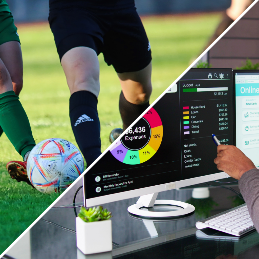 Symbolbild für Belastungssteuerung: Fußballspiel und Datenanalyse – visuelle Darstellung zur Kontrolle beim Training mit Hüftschmerzen.