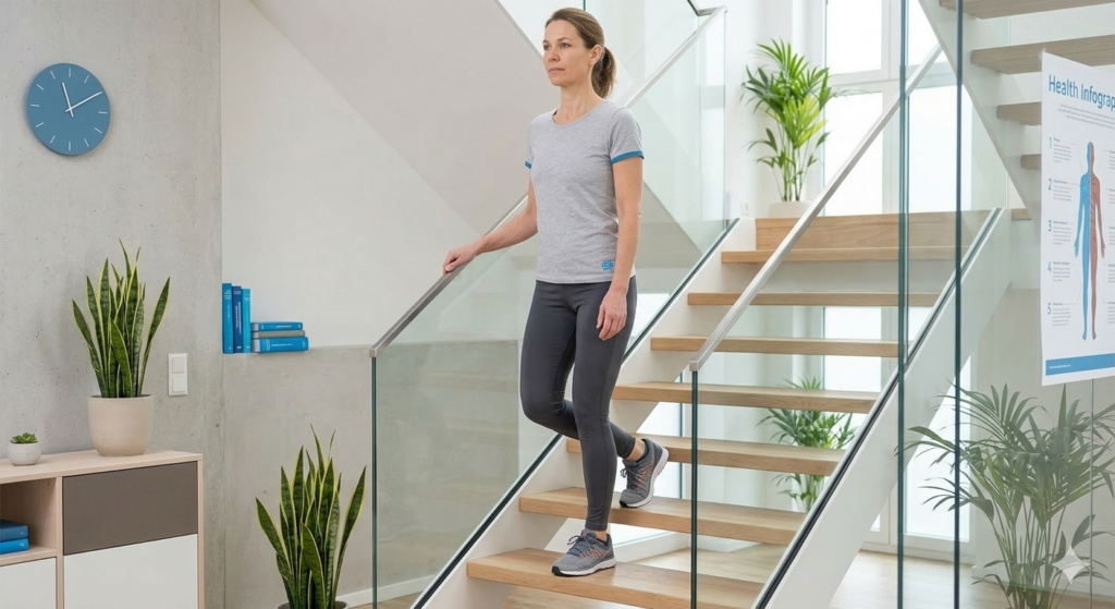 Person steigt kontrolliert eine Treppe hinauf zur schonenden Belastungssteuerung bei Hüftbeschwerden. Mit Glutealtendinopathie
