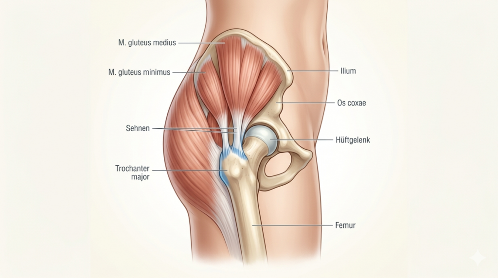 Seitliche anatomische Illustration der Hüfte mit Hervorhebung der Gluteus medius und minimus Sehnen am Trochanter major. Veranschaulichung Glutealtendinopathie