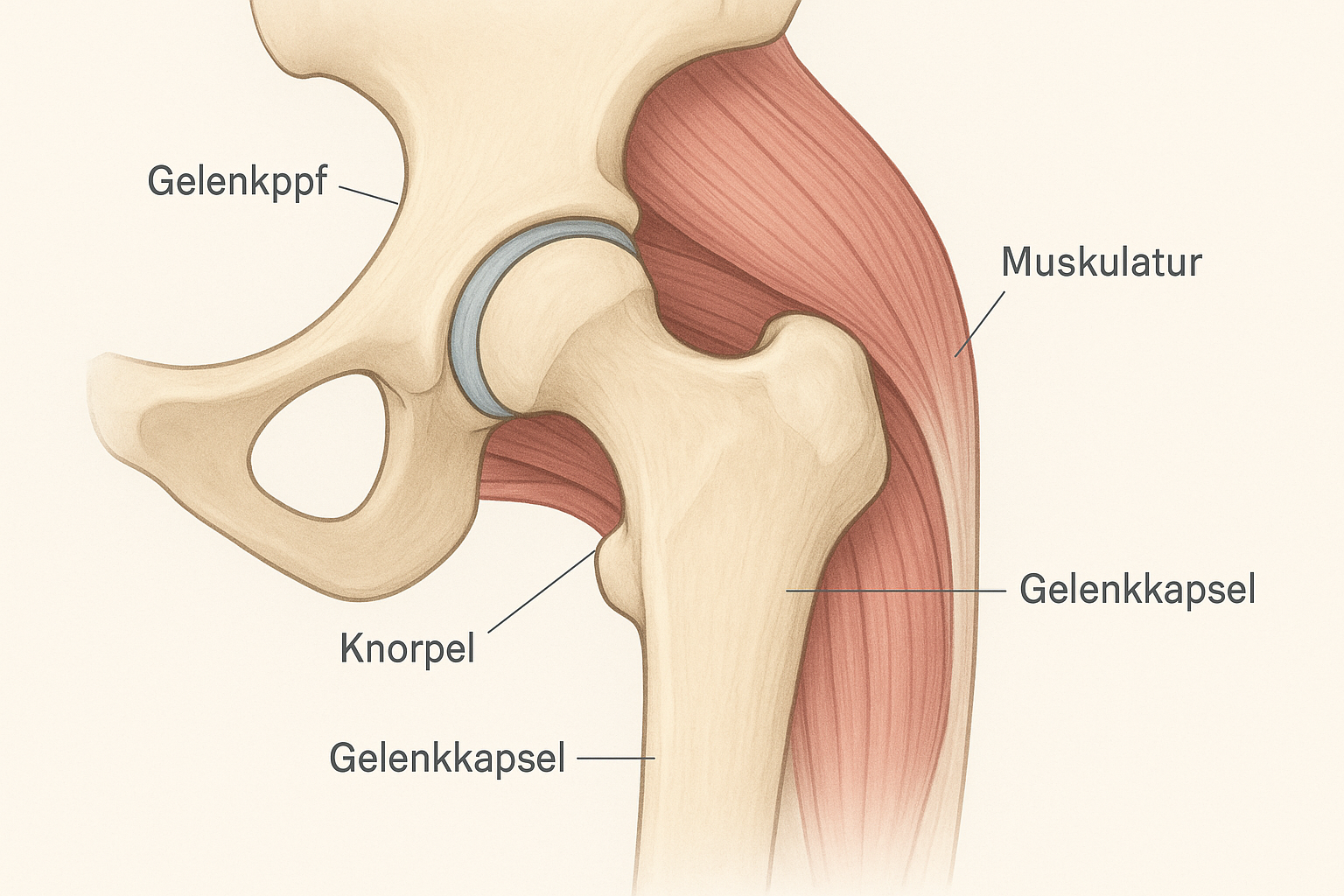 Symptome Hüftarthrose einordnen: Illustration des Hüftgelenks mit Knorpel, Knochen und Gelenkkapsel