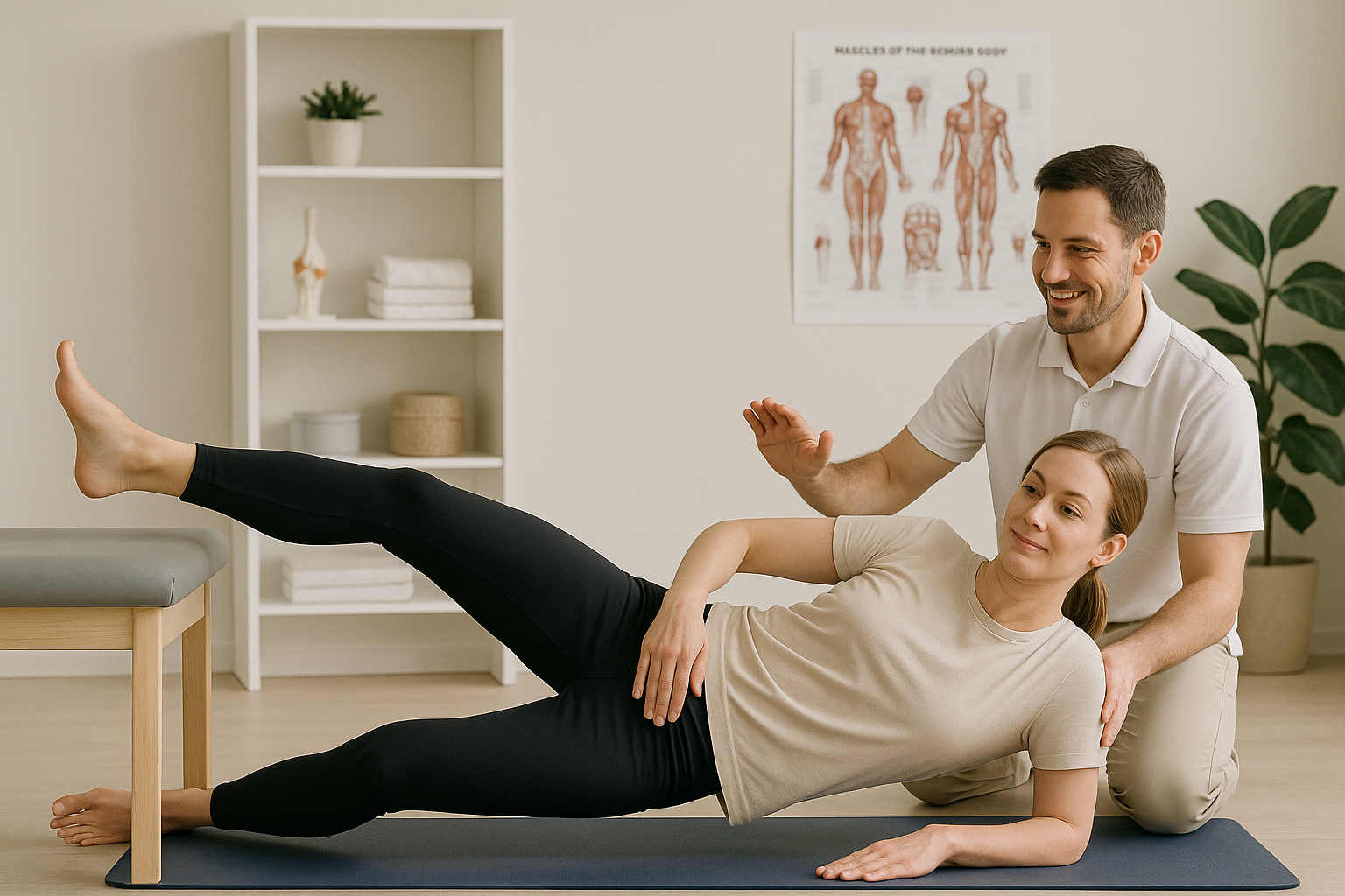 Erwachsene Person bei der Copenhagen Adduction Übung unter physiotherapeutischer Anleitung – Training der Adduktoren im Rehabilitationskontext.