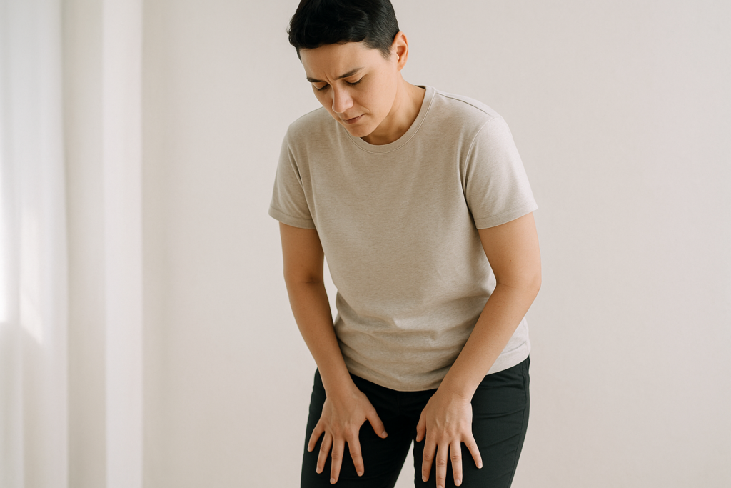 Erwachsene Person im Alltag, die behutsam die Oberschenkelinnenseite berührt – Symbolbild für Schmerzen in der Leiste durch Adduktoren.