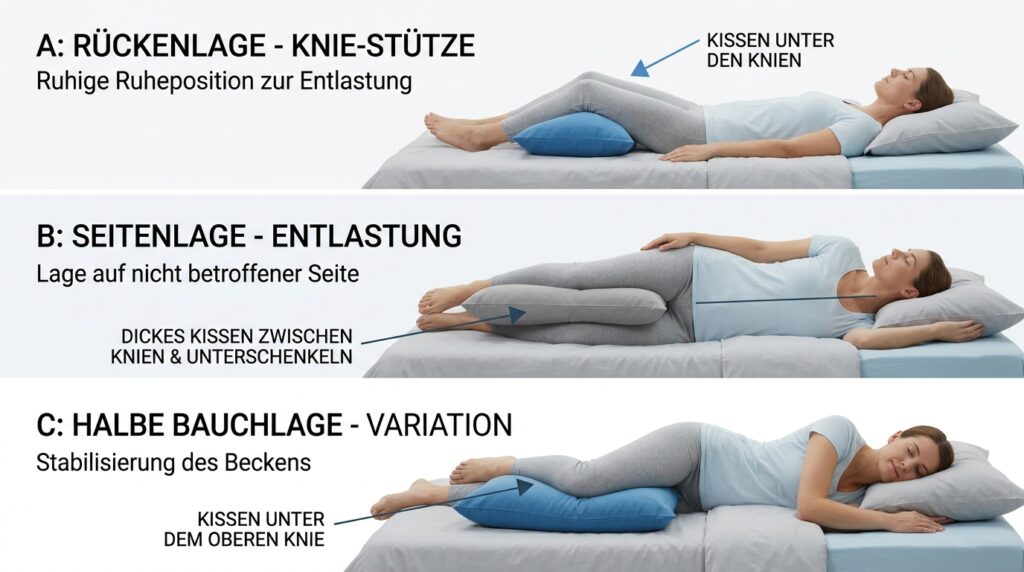Schlafposition bei Hüftschmerzen nachts: Rückenlage mit Kissen unter den Knien, Seitenlage mit dickem Kissen zwischen den Beinen und halbe Bauchlage mit Kissen unter dem oberen Knie