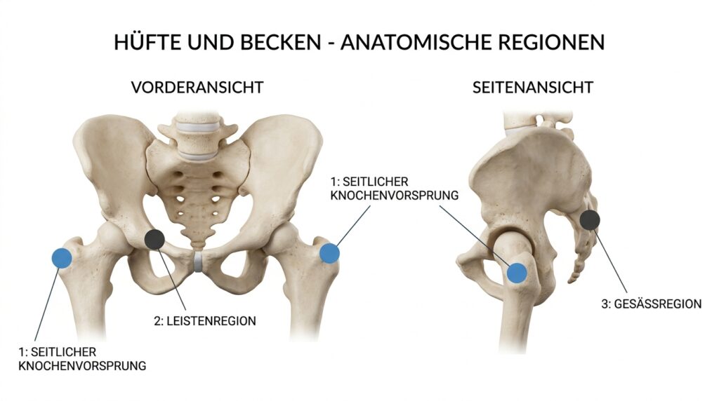 Hüfte und Becken von vorne und von der Seite mit drei Schmerzorten bei Hüftschmerzen nachts: seitlicher Knochenvorsprung, Leiste und Gesäß
