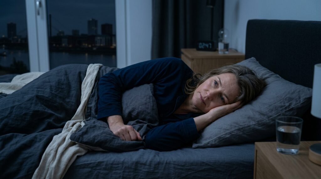 Frau liegt nachts wach im Bett in Seitenlage, eine typische Situation bei Hüftschmerzen nachts